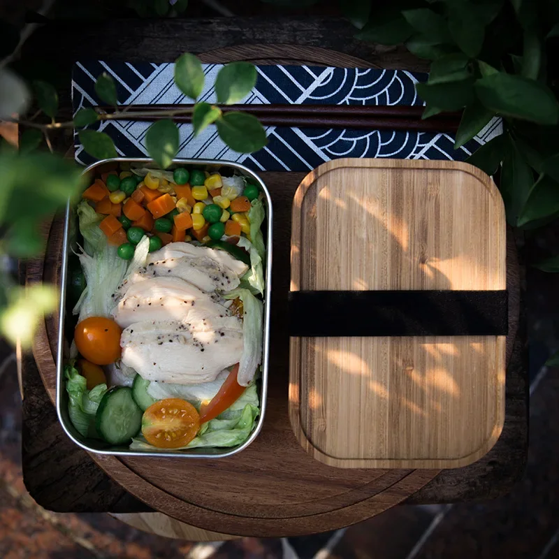 

500Ml/800Ml/1200Ml Organic Bamboo Lid Stainless Steel Bento Lunch Box With Elastic Janpanese Food Container Storage Box