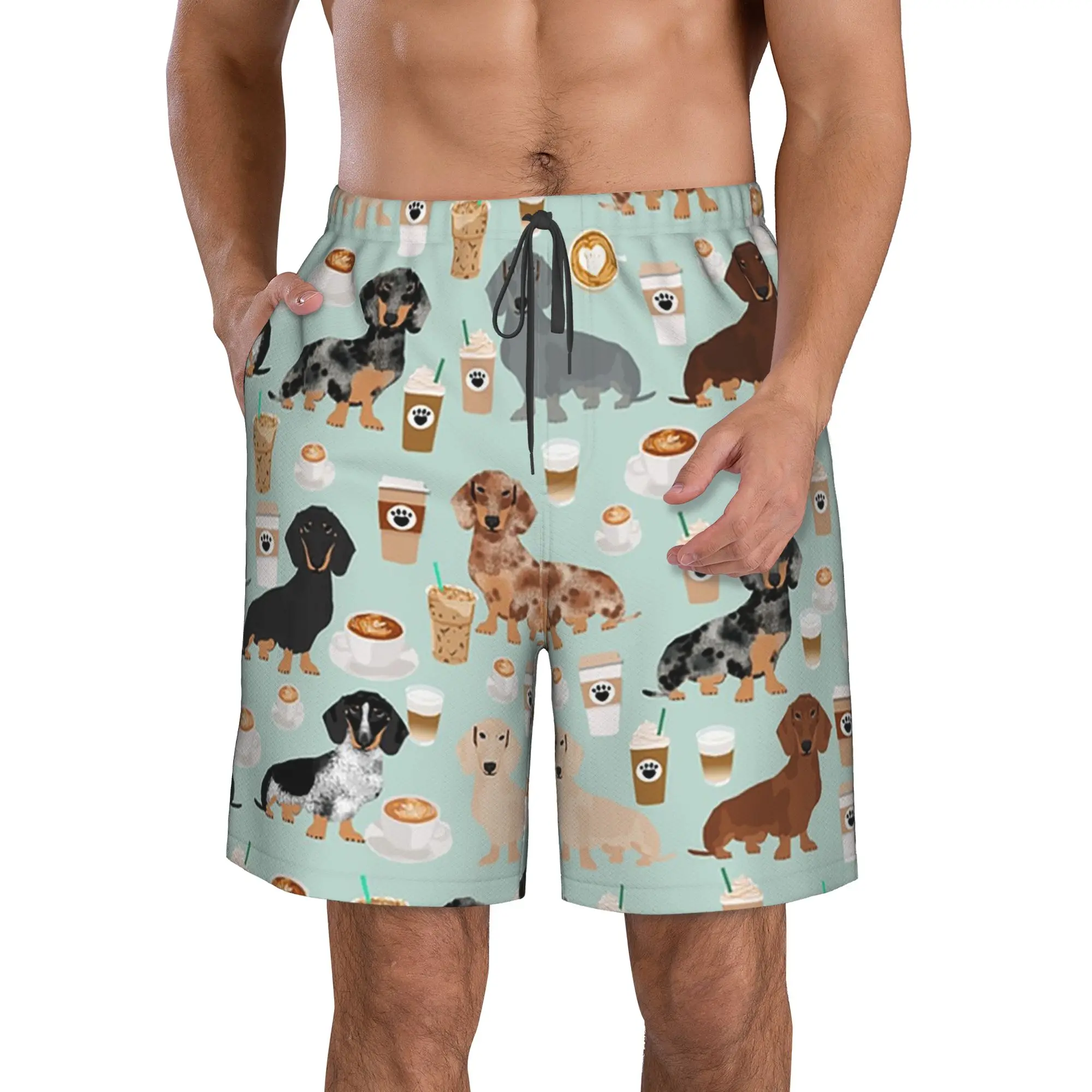 Cute Dachshund Cartoon Pattern Trunks Beach Board Shorts Casual Quick Dry Swim Summer Men Pants