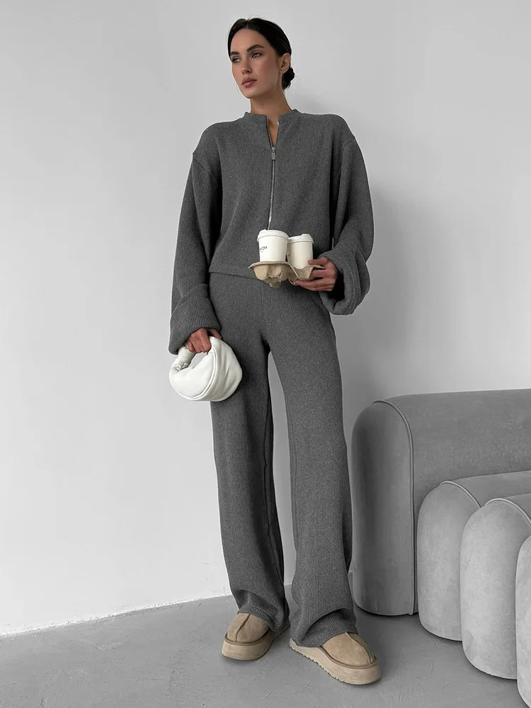 

Women's Knitted Sweater Coat Long Pants Set Elegant Style Four Seasons Suitable Adult Fashion Ensemble