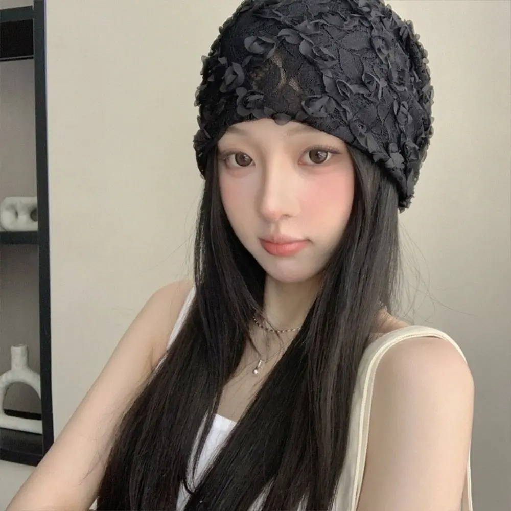 

Fashion Multicolor Knitting Beanie Thin Soft Breathable Pullover Hat Big Head Circumference Lace Flower Cap Gift