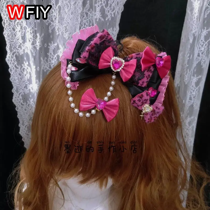 Horquilla para el pelo con estampado de leopardo y lazo de cadena, estilo Harajuku Ancient Hime Clan Y2K Subculture Goth Lolita Girl
