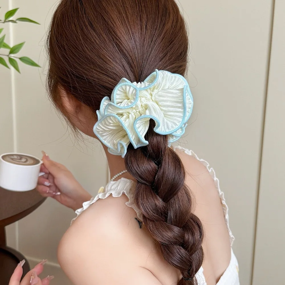 1pc Fresh Two Tone Wavy Pleated Big Scrunchies Cute Ruffle Trim Fabric Hair Ties Soft Sweet Hair Accessories for Teen Women