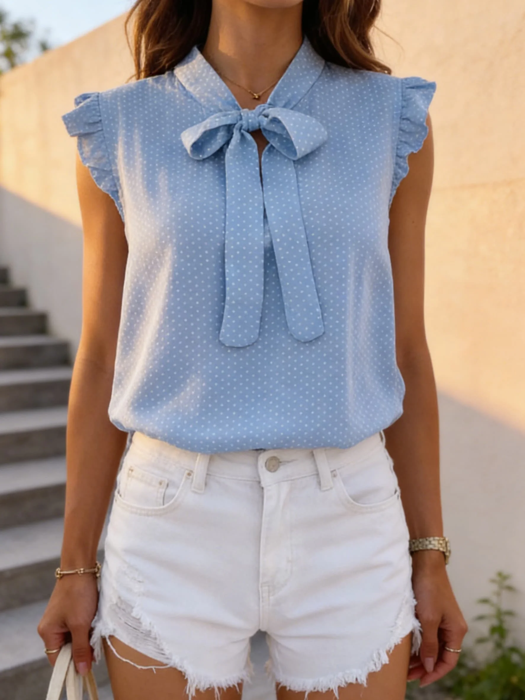 2026 New Chill Summer New Elegant Ladies Polka Dot Bow Collar Sleeveless Sweet All-match Chic Shirt  Clothes Korea Ladies view 2