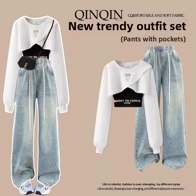 Spring Autumn Short Sweatshirt Jeans Wide Leg Pants Three Piece Set Slimming Effect 2026 New Arrival Online Exclusive Cotton ...