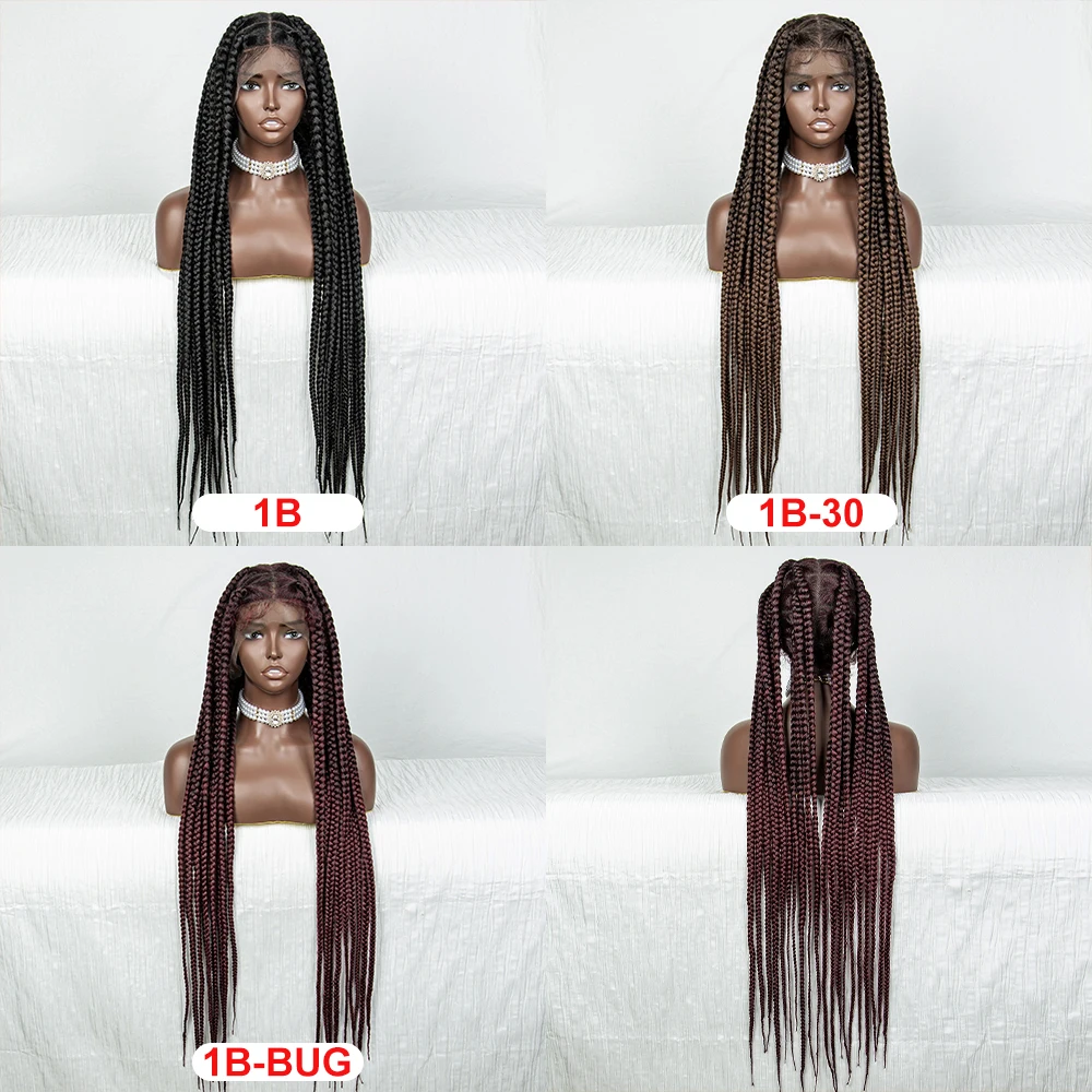 Wig kepang panjang 36 inci Wig sintetis renda depan kotak tanpa simpul Wig renda penuh untuk wanita hitam Wig kepang Cornrow