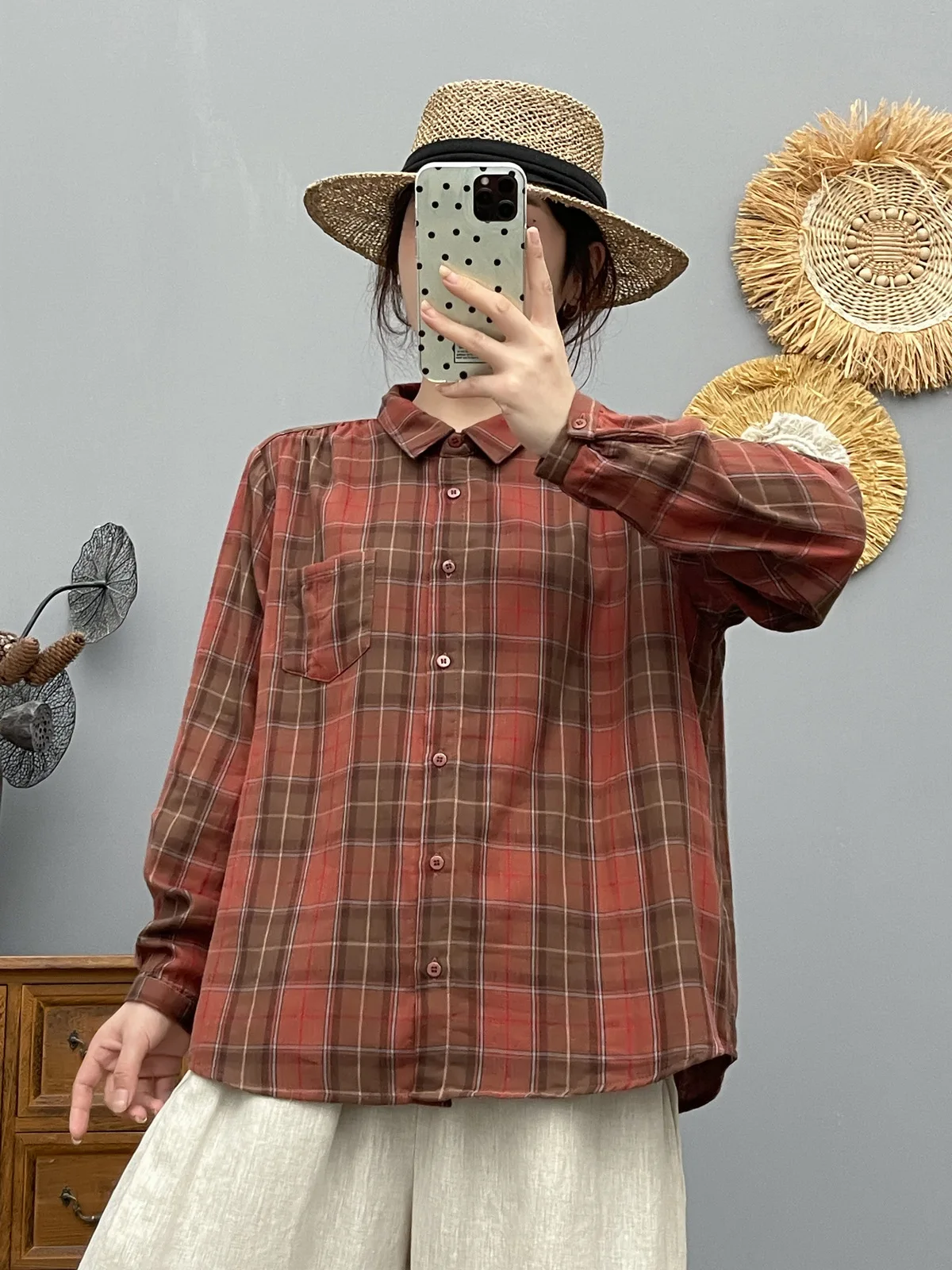 Enianechu Youth Women's Blouses 100% Cotton Vintage Red Green Gray Coffee Check Shirt for Women Plaid Long Sleeve Tops 2