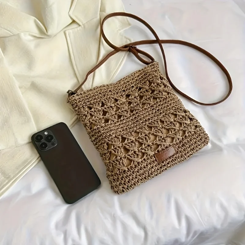 Chic Handmade Paper Straw Crossbody Bag Solid Color Zipper Closure Shoulder Messenger Bags for Women Summer Beach Urban Outings image 5