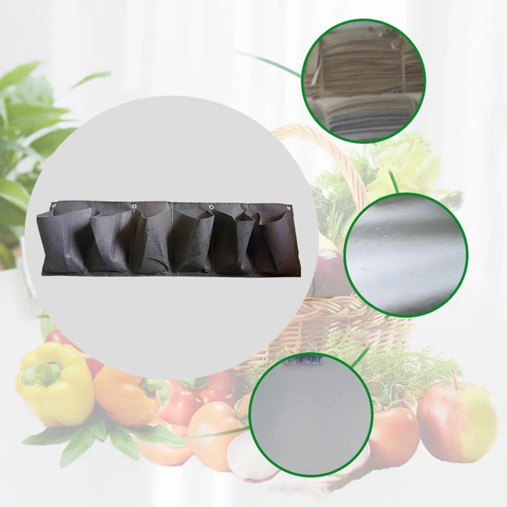 Breathable Felt Vertical Grow Pouch with 6 Pockets Designed for Hanging Gardens on Walls Fences Balconies and Patio Railings