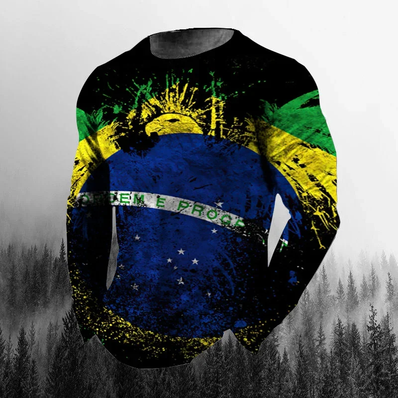Vintage Brasilien-Flagge 3D-Druck Herbst Herren O-Ausschnitt T-Shirt Lässiges Langarm-Oversize-T-Shirt Modischer Pullover Herrenbekleidung – Detail 5