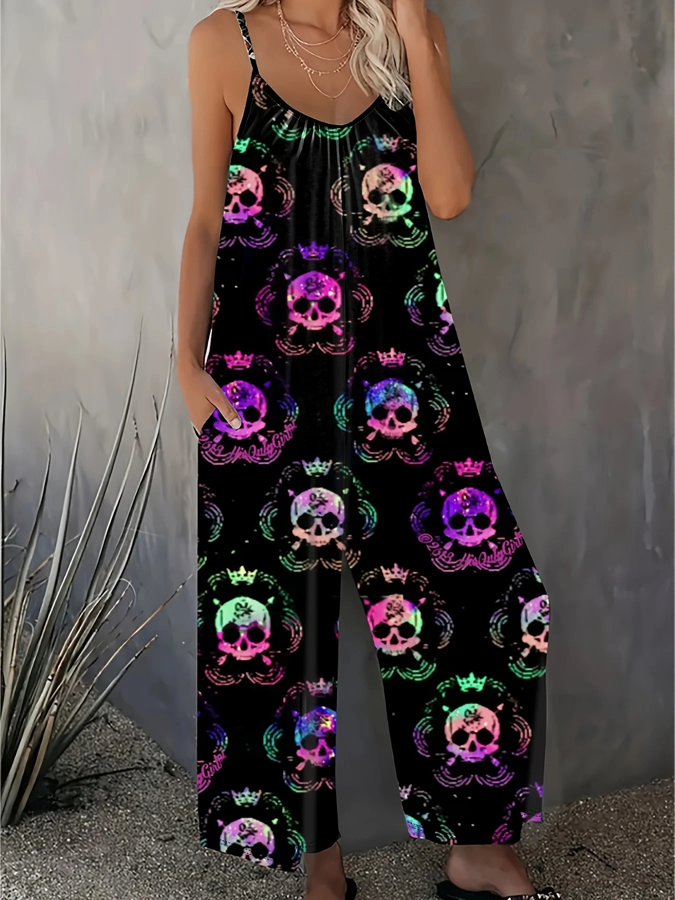 بذلة نسائية مقاس كبير كاجوال بحزام مطبوع عليه جمجمة متدرجة مناسبة للنزهات اليومية غير الرسمية