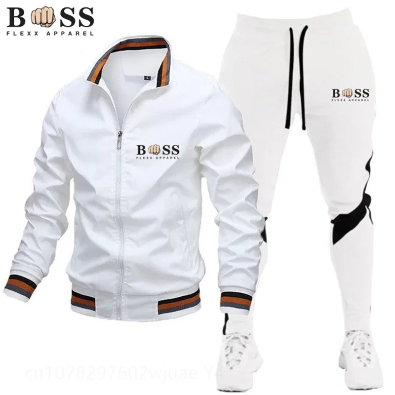 Casual Men\'s Suit Spring Autumn High Quality Zipper Hooded Jacket Jogging Fitness Mountaineering Sportswear + Pants 2 Piece Set