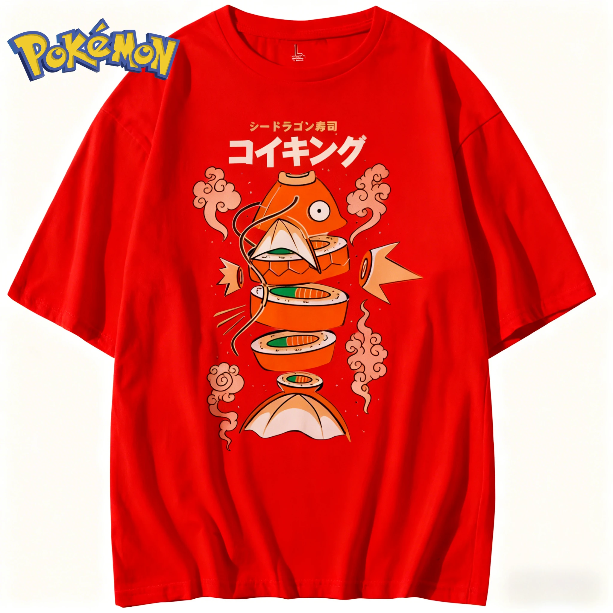 Camiseta con estampado de Pokémon Anime Magikarp Sushi 2026 para hombres y mujeres, novedad de verano, camiseta informal holgada grande de Hip Hop para padres e hijos