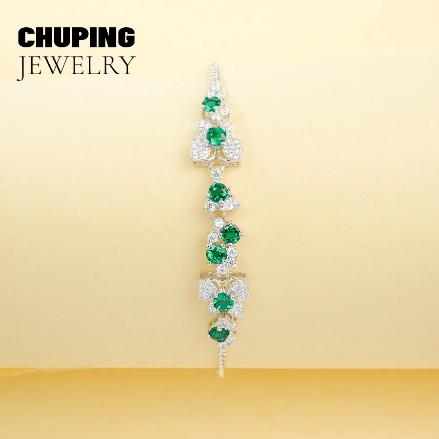 ChuPing مجوهرات الأزياء مختبر نمت الزمرد قطع مستديرة 3.5 مللي متر S925 سوار للنساء الكلاسيكية حفلة عيد الحب هدية عيد ميلاد