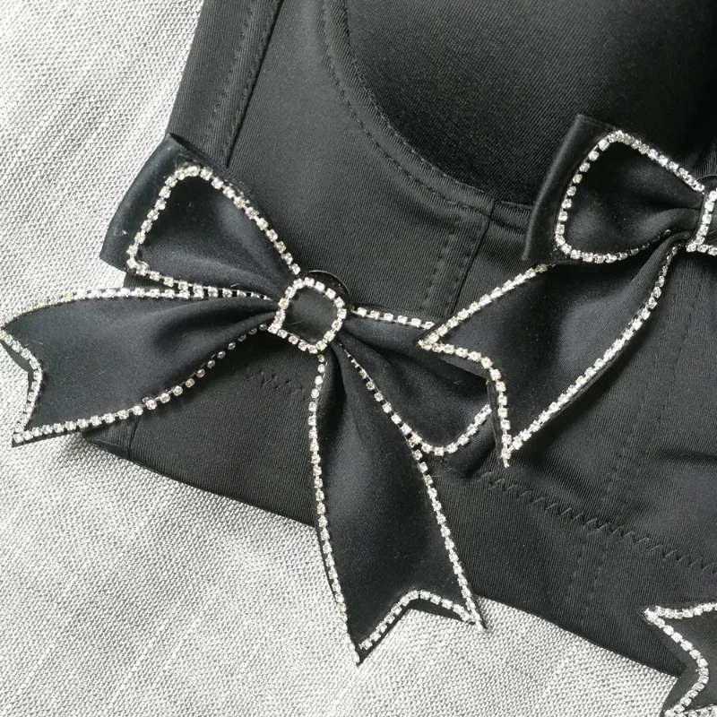 Cute Bowtie Diamonds Bustier Corset Women Luxury Strap Adjustable White Padded Tank Tops Sexy Nightclub Stage Performance Shaper