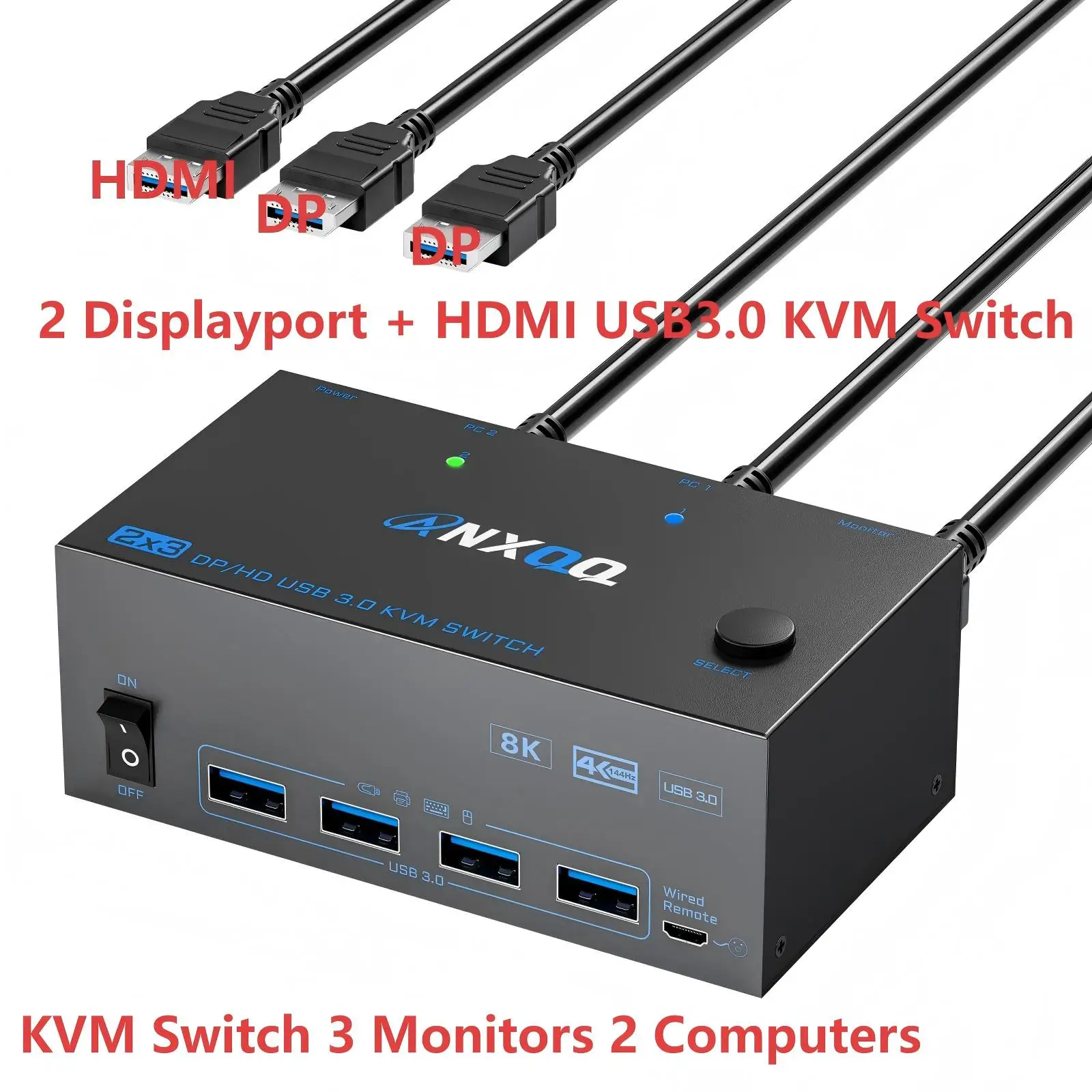 

USB 3.0 KVM Switch 3 Monitors 2 Computers,Triple Monitor 2 Displayport 1.4 + HDMI 2.1 KVM Switch,Supports 8K@60Hz 4K@144Hz/120Hz