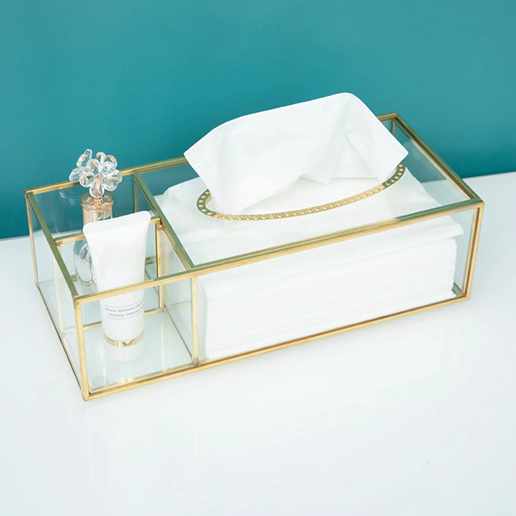 

AC23-Gold Tissue Box Rectangular Clear Glass Paper Tissue Box For Home Tissue Dispenser Geometric Glass Tissue Box