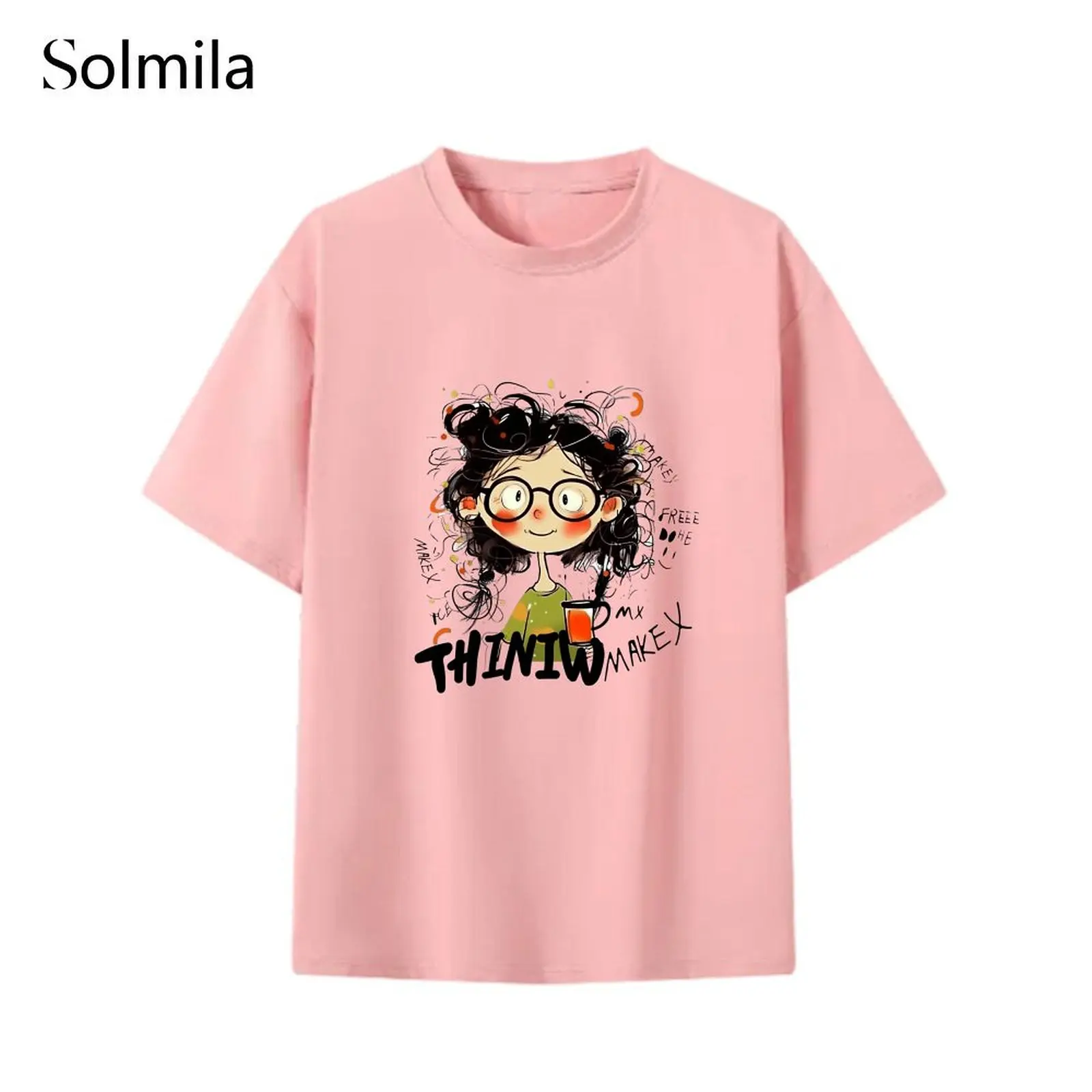 

Short Sleeve Shirt Korean Style T Shirt Spring Fashion Comfortable Fabric Patterned Shirt Round Neckline Slight Stretch