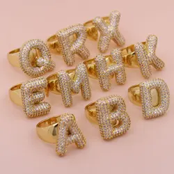 Fashion Versatile Plated Gold Copper White Zircon 26 English Letter Big Rings for Men Women Daily Wearing Jewelry
