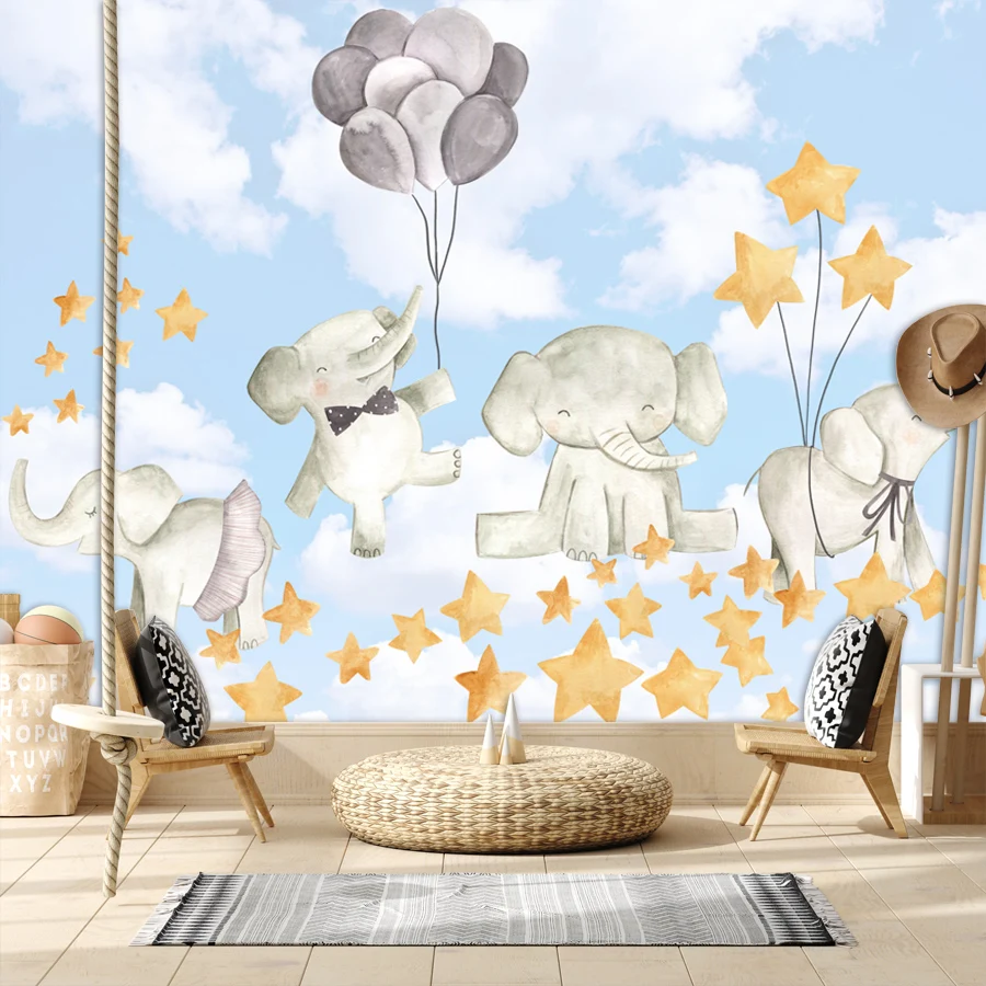 

Modern Custom Self Adhesive Cartoon Animals Clouds Wallpapers for Living Room Kids Wall Covering Papers Home Decor Murals Prints