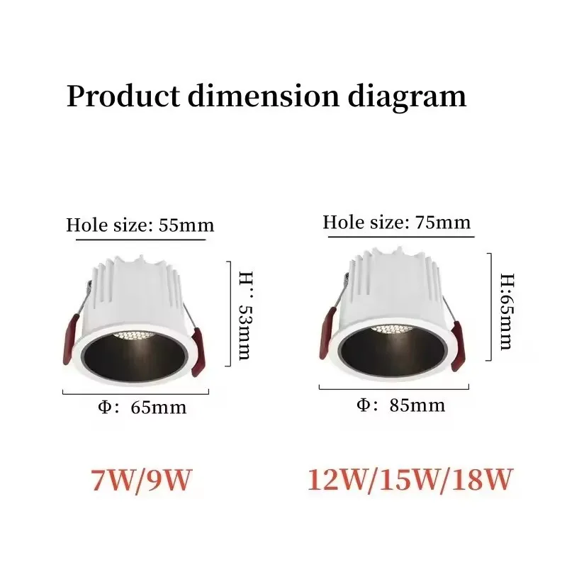Dimmable Anti Glare Recessed LED COB Downlight  AC220V 110V 7W 9W 12W 15W 18W Round LED Ceiling Spot Light Indoor lighting