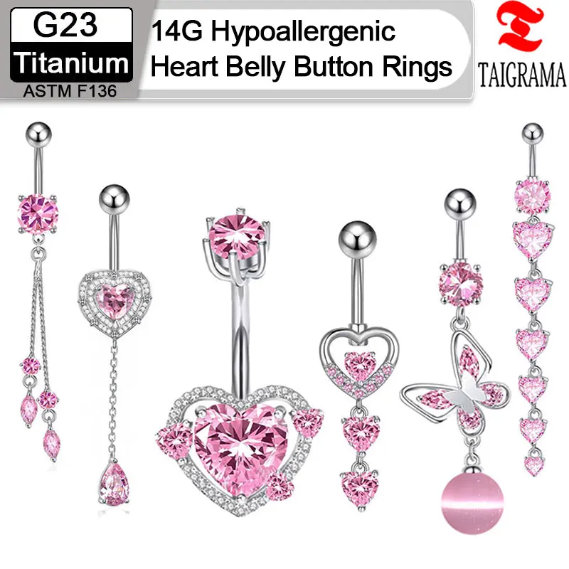 

6Pcs ASTM F136 Titanium Belly Button Ring Zircon Heart Navel Piercing Ring 14G Hypoallergenic Navel Piercing Jewelry for Women