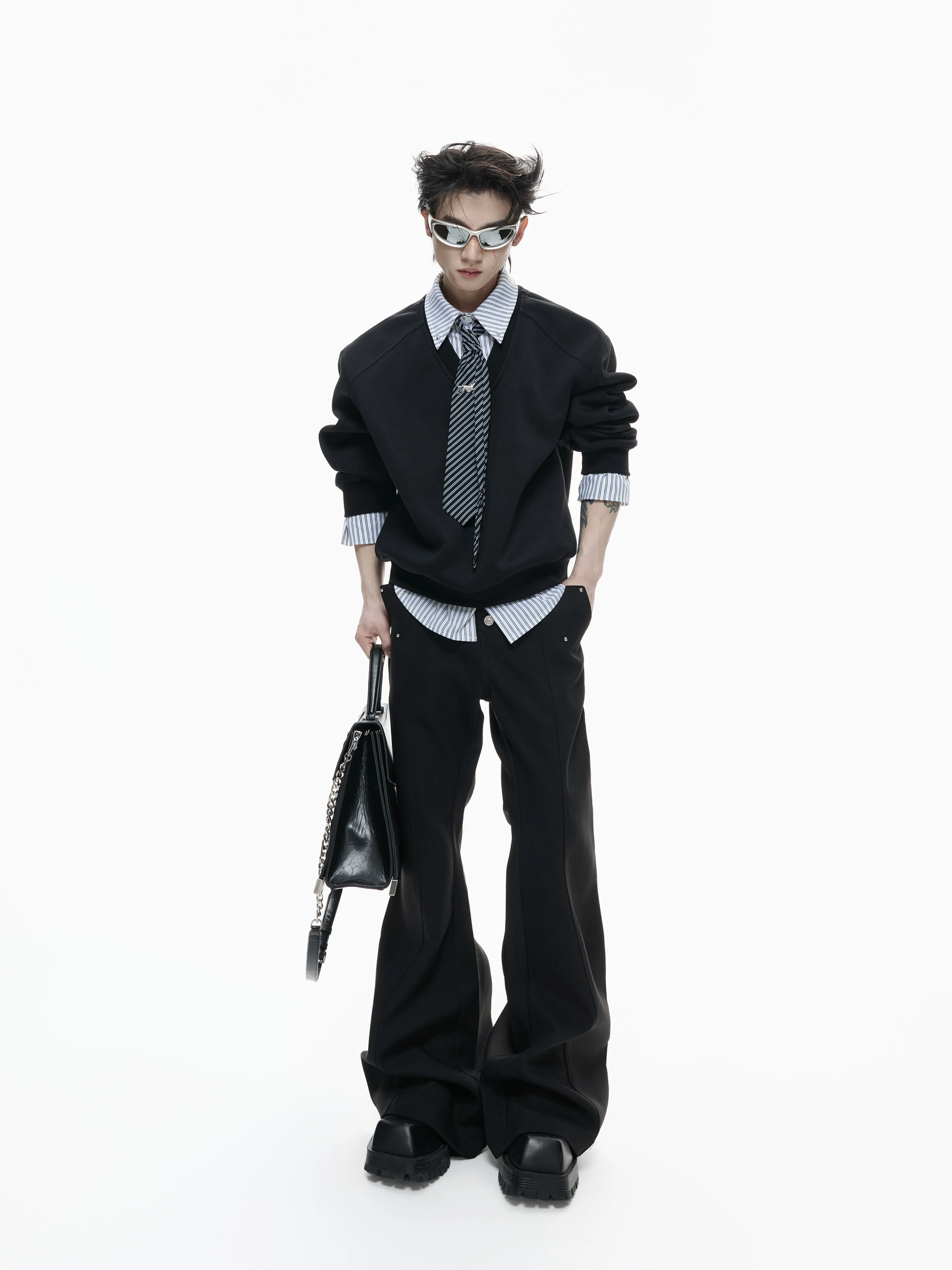 Argue E26ss Men's Straight Leg Cotton Trousers High Waist Metal Buckle Rivet Design Drapey Style Casual Fashionable Long Pants