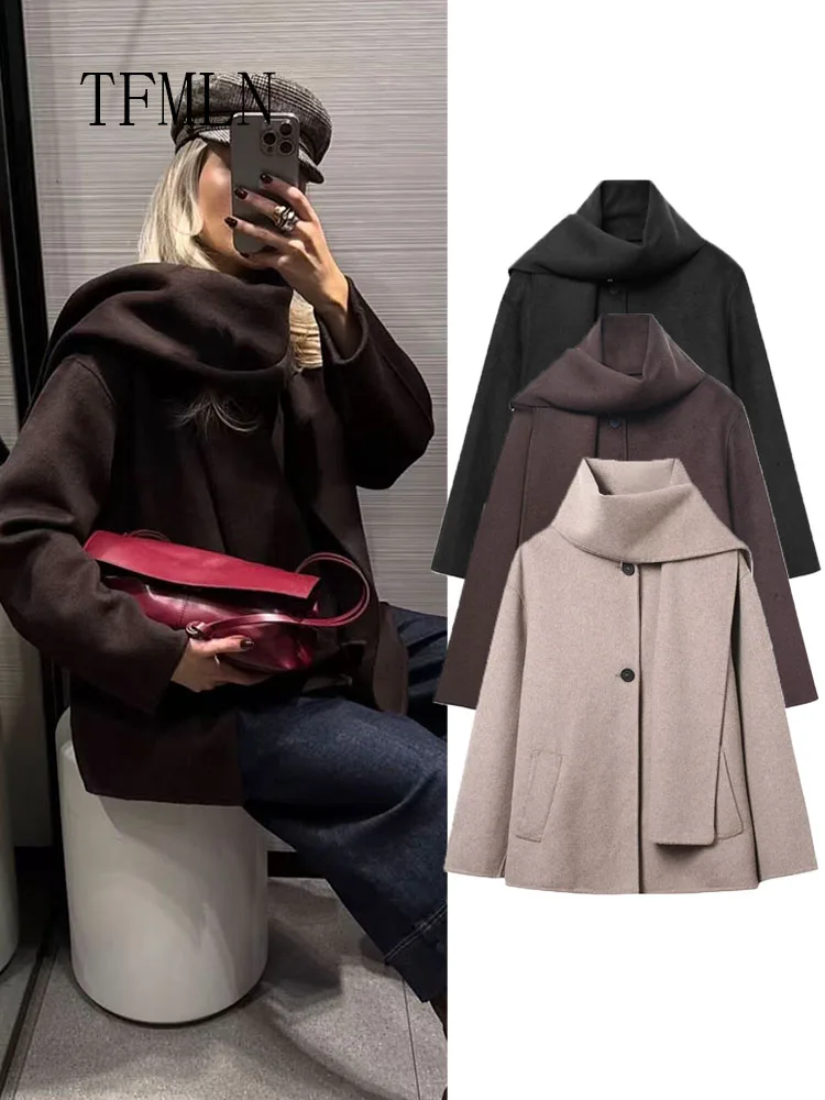 

Vintage Women Scarf Collar Oversize Coat 2025 Autumn Winter Chic Long Sleeve Causal Jacket High Street Single Breasted Outwear