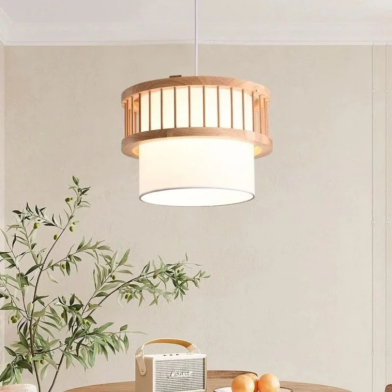 Japanese Wooden Style Pendant Light Fabric Shade Decorative Ceiling Hanging Lamp For Dining Room Home