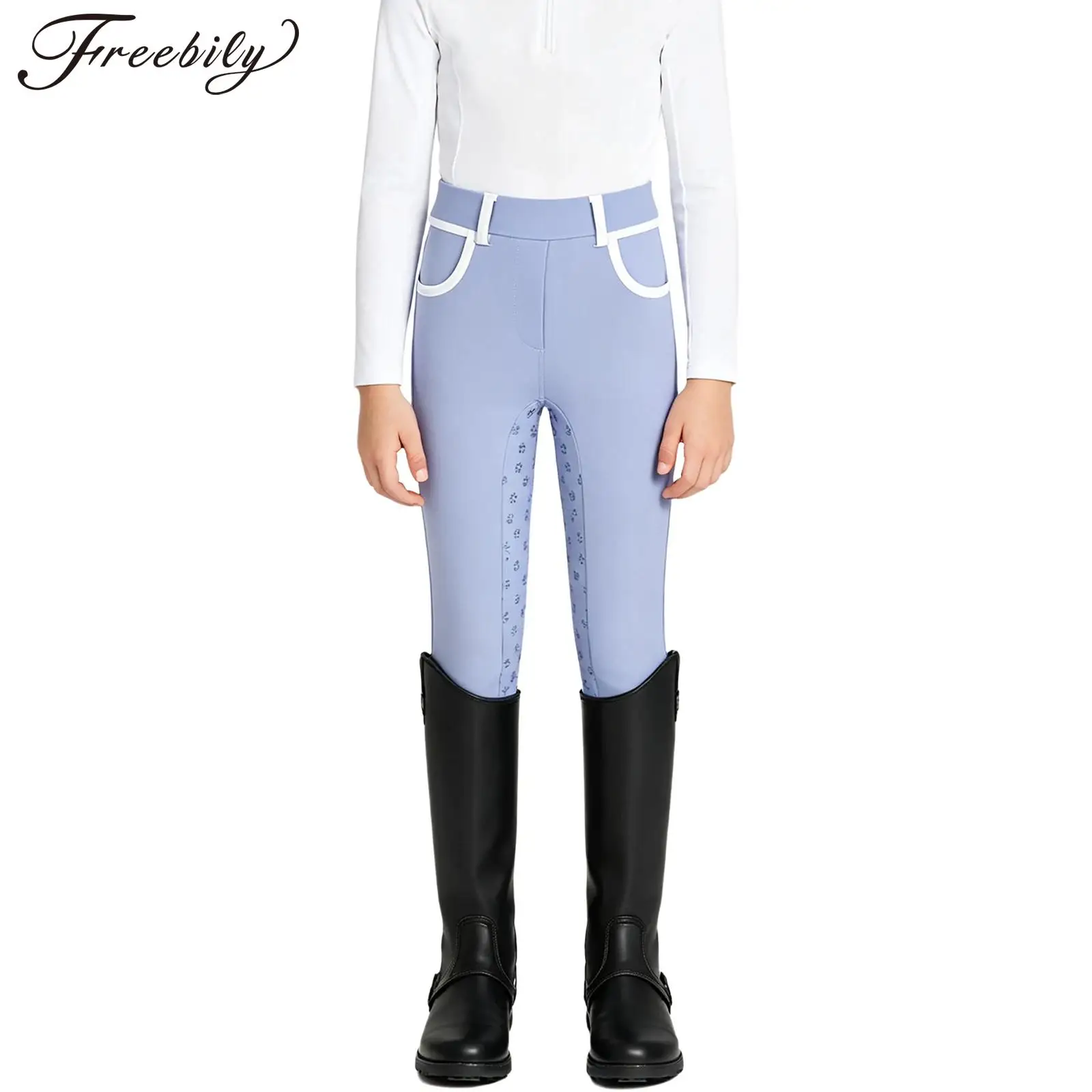 Kids Girls Riding Sports Pants Full Seat Non-slip Equestrian Breeches High Waist Horse Schooling Tights with Pockets Leggings