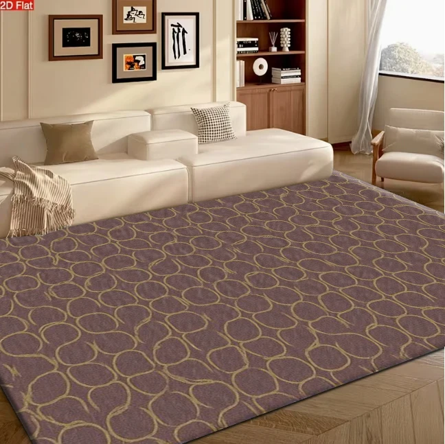 Brown Background Golden Hand‑Drawn Oval Loop Texture carpet flooring, Abstract Minimalist Line Art Area Rug for Living Room Bedroom Home Interior
