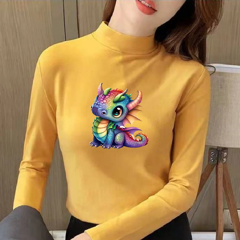 Winter Women's Thermal Brushed Fleece Half Mock Neck Long Sleeve T Shirt Colorful Baby Dragon Sitting Graphic Warm Tee