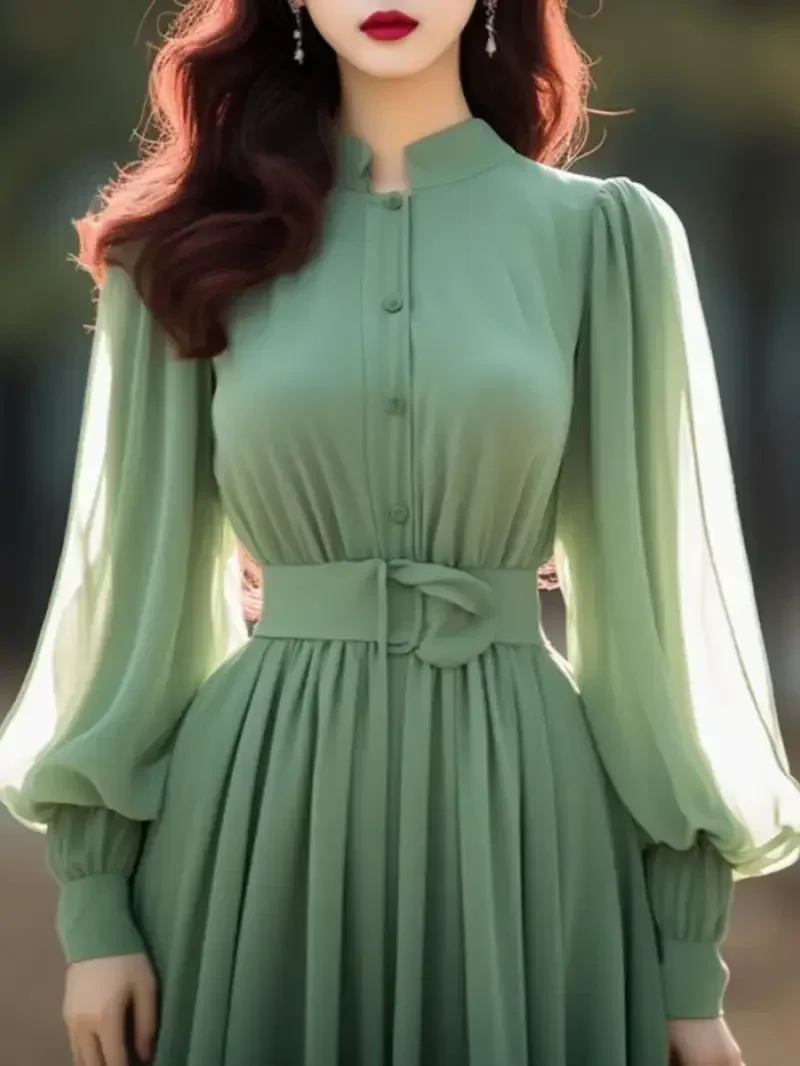 Gagarich Fashion Green White Chiffon Dress 2024 Spring New French Style Bubble Sleeve Banquet Presidential Dresses Women