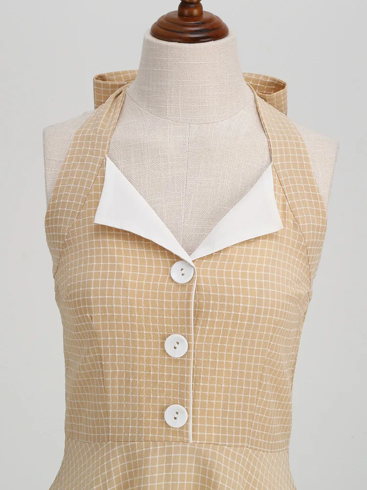 Tonval Button Up Plaid Vintage Fit and Flare Dress Summer Women Pinup Robe Halter Backless Evening Party Pockets Dresses