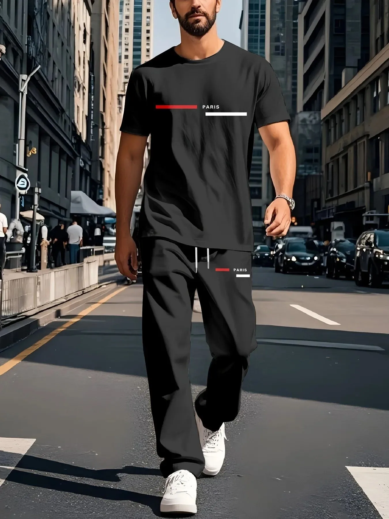 

Fashionable new men's 2025 breathable round neck T-shirt long pants set with letter printed pattern outdoor casual two-piece set