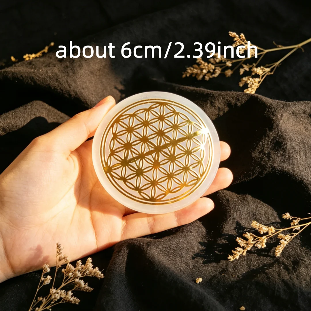 1pc Selenite Flower Charging Plate, Flower of Life Circle, Selenite Slab, Flower of Life Selenite Plate, Fibrous Gypsum Selenite