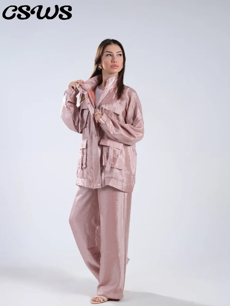 

Элегантный костюм-рубашка с воротником-стойкой, брюки, женский свободный костюм на молнии с длинными рукавами и карманами на шнуровке, женский модный осенний костюм 2025 г.