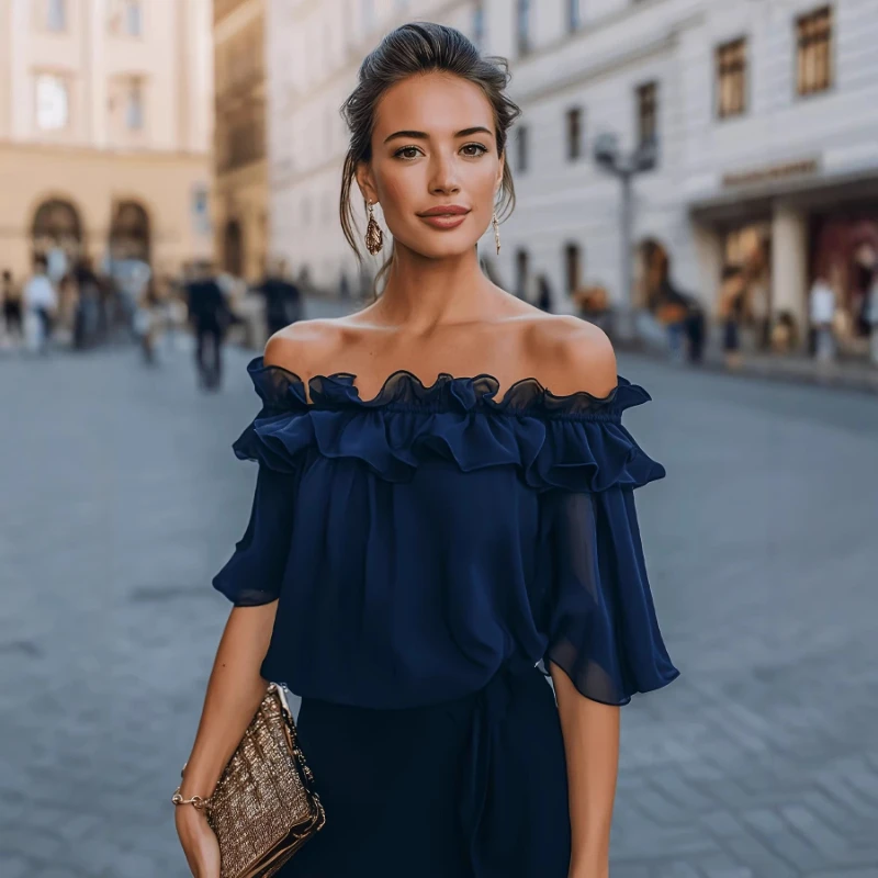 2026 Summer Hot Selling New Elegant Shoulder Exposed Lotus Leaf Edge Sexy Chiffon Short Sleeved Top for Women