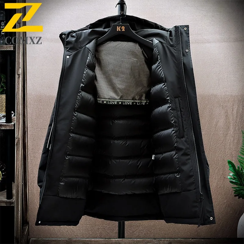 COMXZ Men Duck Down Mountain Hooded Waterproof Long Jacket American Style Vintage Winter Cotton-padded Outdoor Lightweight Coat
