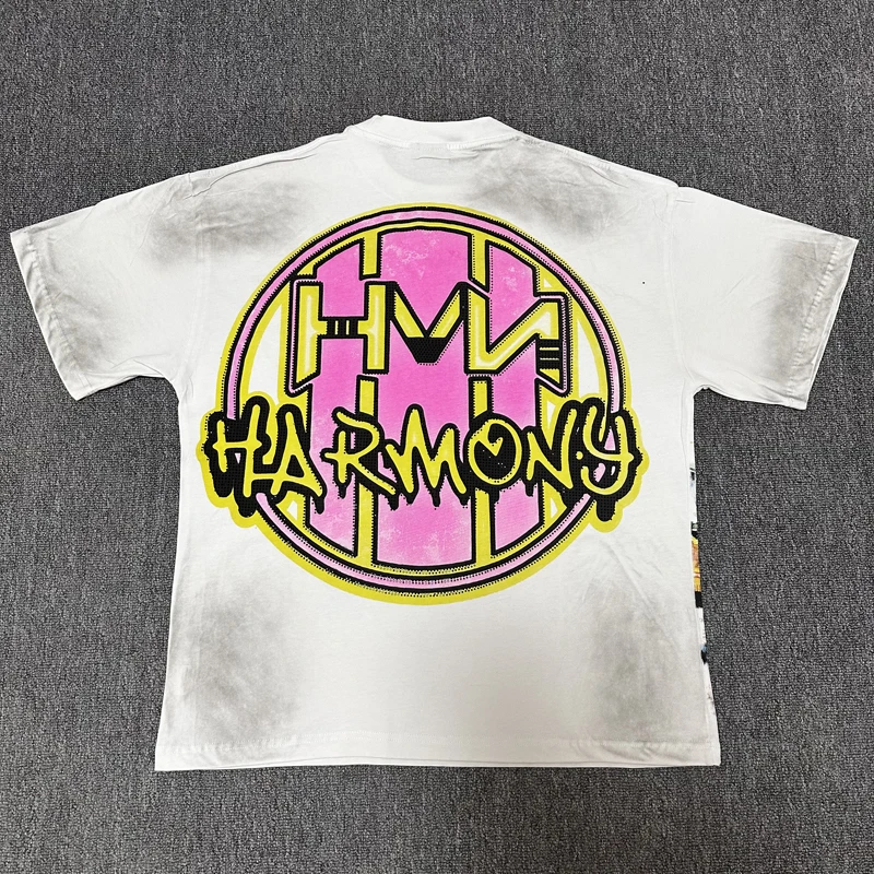 American Style Real Photo HARMONY Short Sleeve Ferris Wheel Carnival Print Rhinestone Washed Oversized Vintage Street T-Shirt