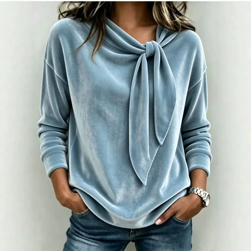 European and American Velvet Bow Sweater, Autumn and Winter New Style Solid Color Long Sleeve Women's Hoodie Pullovers