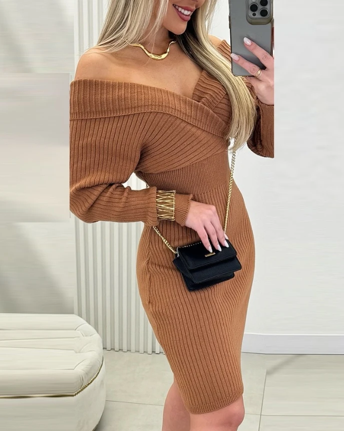 Fashionable Autumn Dress Off Shoulder Slim Fit Knit Long Sleeve Sweater Dress Elegant Dresses for Women Shipped Within 48 Hours