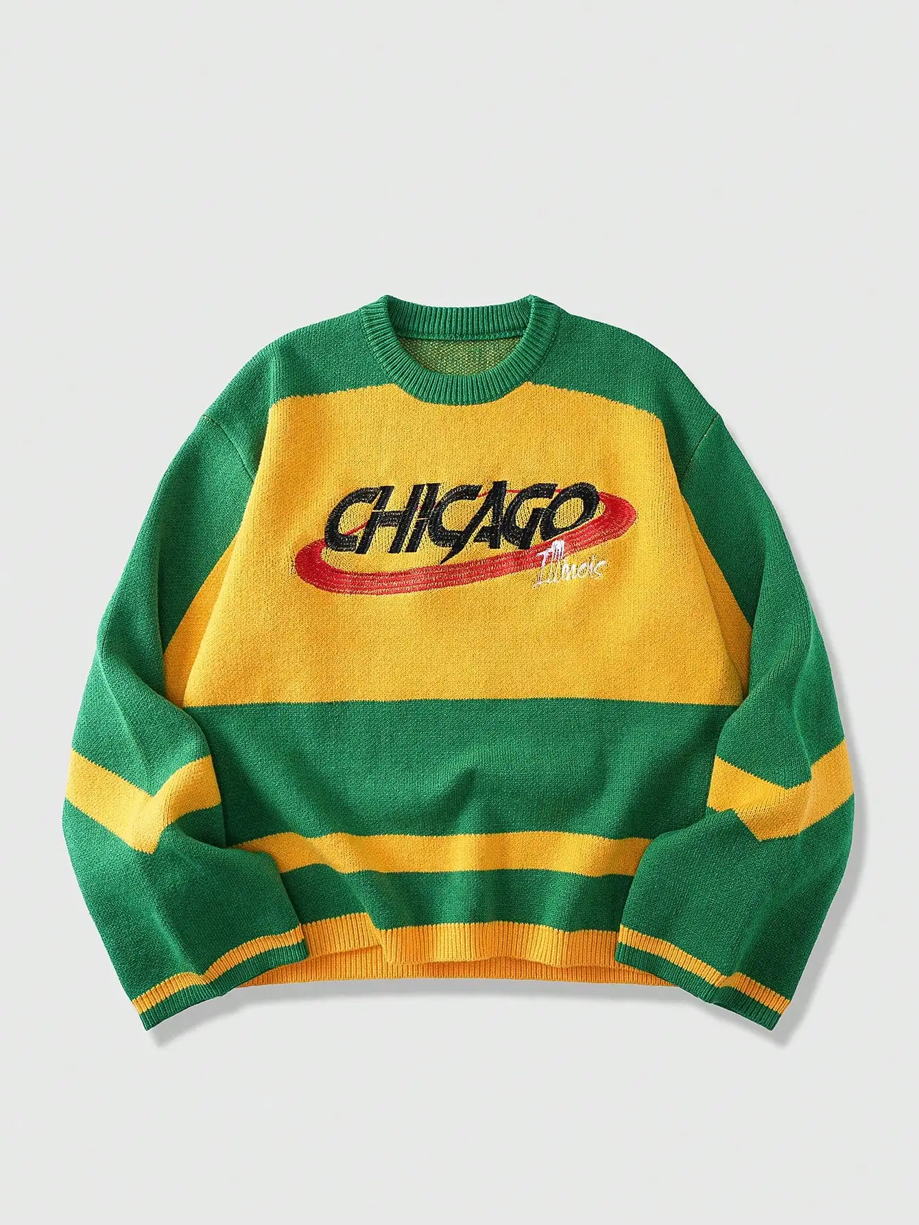 

Men's Color Block Crew Neck Knit Sweater with Embroidered Graphic, Casual Winter Wear