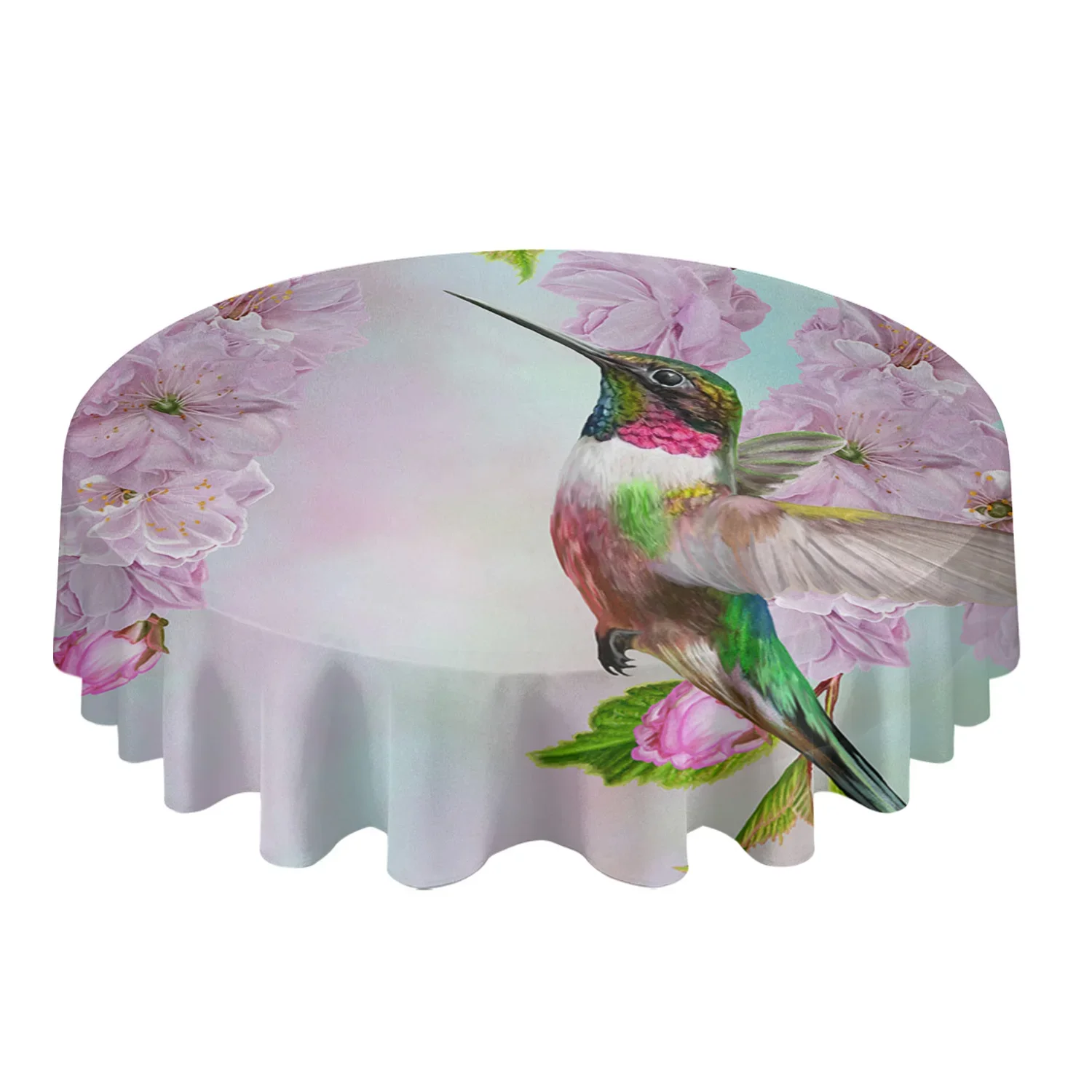 Flower Cherry Blossom Hummingbird Round Tablecloth Waterproof Table Cover Home Kitchen Table Cloth Dining Table Decoration