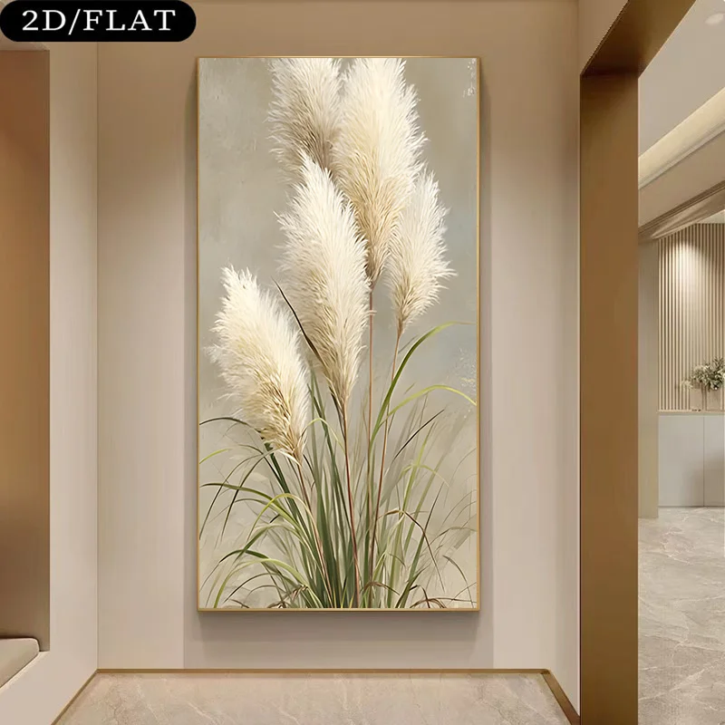 

2D Flat Modern Lifelike White Pampas Grass Canvas Wall Art, Frameless Natural Minimalist Canvas Prints for Living Room Decortion