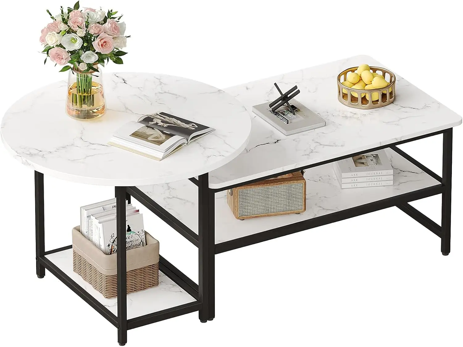 Coffee Table, White Modern Coffee Tables for Living Room, Detachable 2 Small Coffee Tables, Faux White Marble