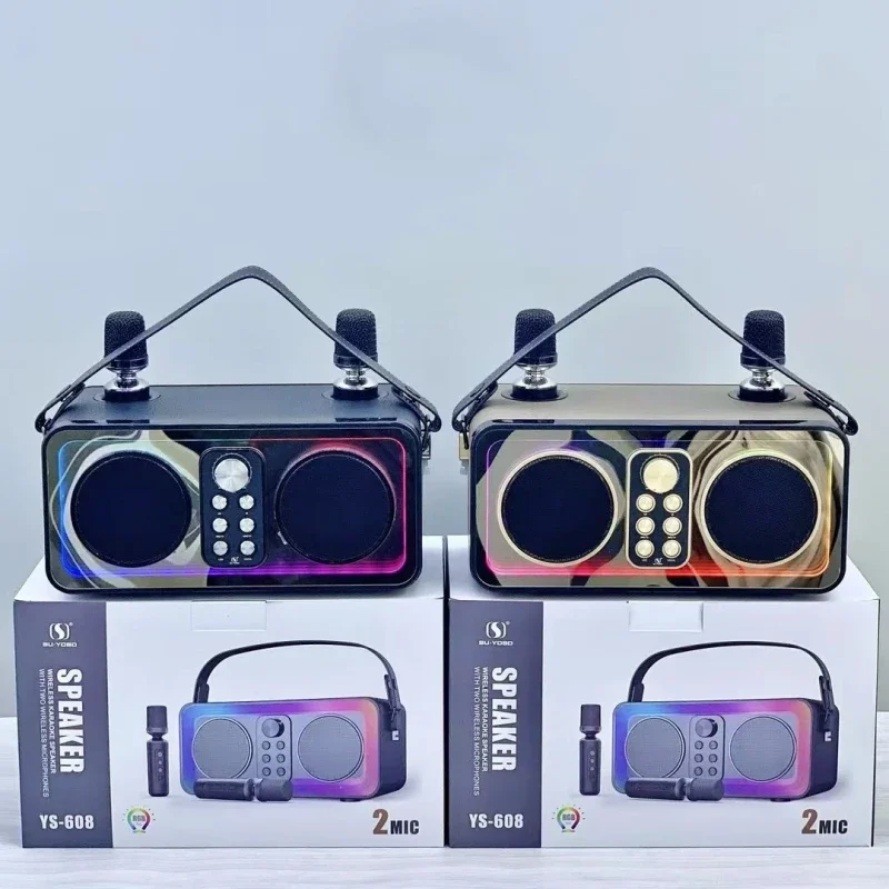 Máquina de Karaoke de 30W con 2 micrófonos inalámbricos, altavoces Bluetooth, juego KTV con efectos de lámpara de espejo RGB Abyss, micrófono de mano