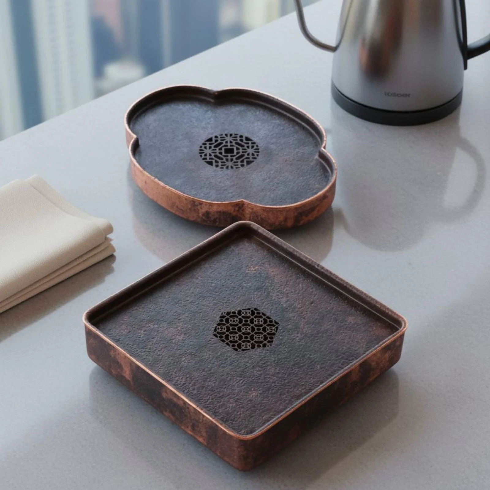 Copper Tea Tray Handmade Drainage Tea Tray Ceremony Accessory Thickened Draining Board Dark Textured