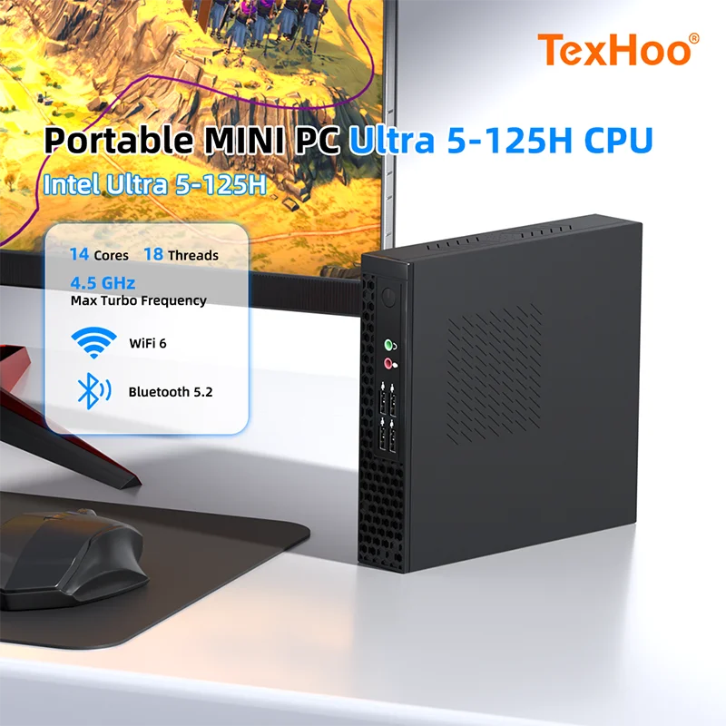 TexHoo Mini PC Windows 11 Pro, Ultra5 125H, Dual-Channel 16GB DDR5, 512GB M.2 SSD, WiFi 6, BT 5.2, Komputer Mini untuk Kantor/Gaming