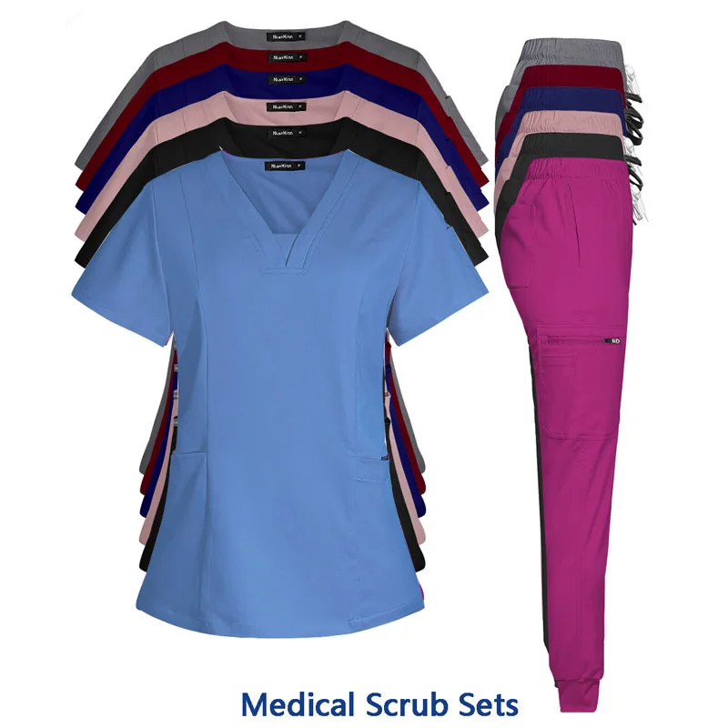 

Stretch Women Medical Uniforms V-neck Scrubs Sets Hospital Surgical Gowns Nurses Accessories Dental Clinic Beauty Spa Workwear