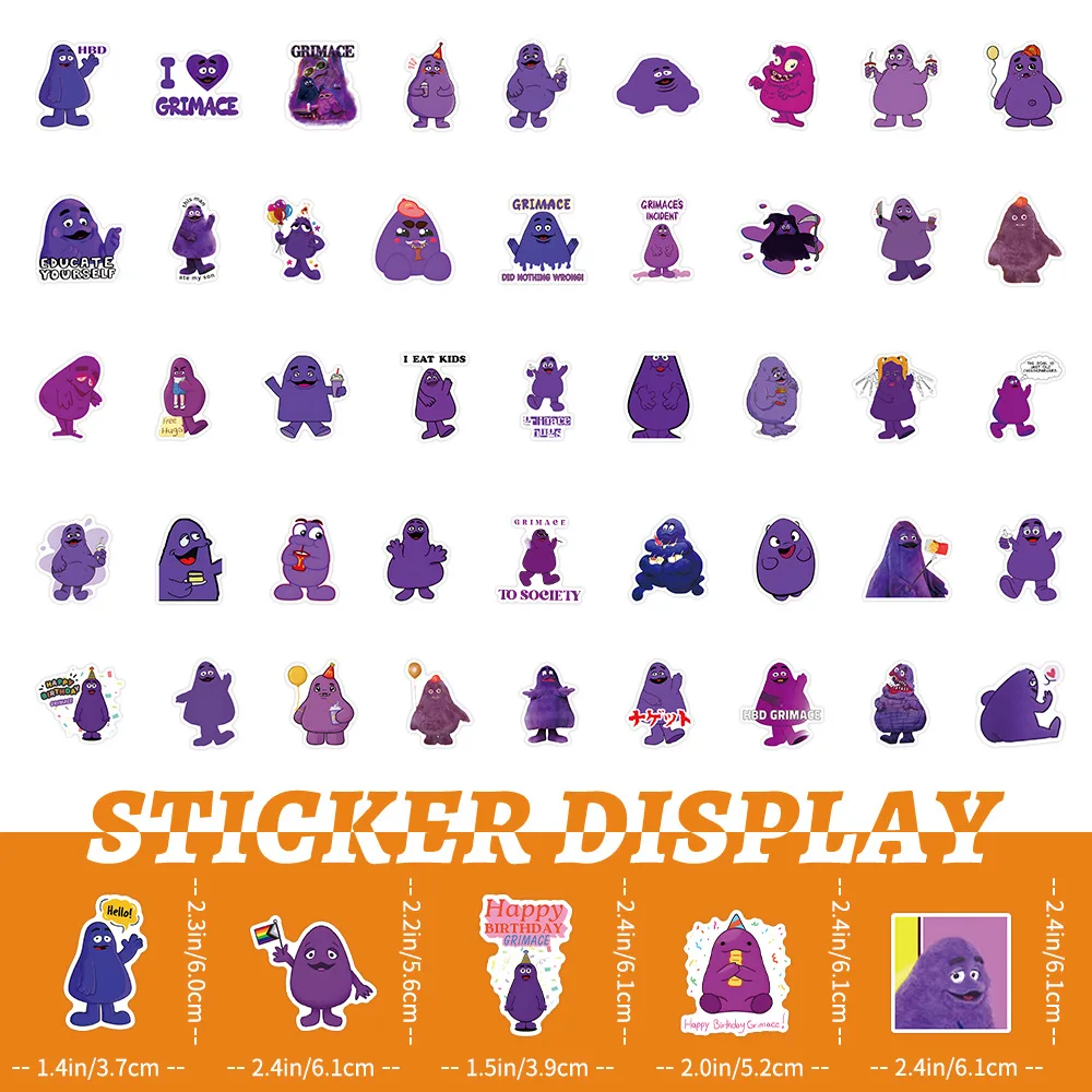 51pcs Purple Grimace Cute Cartoon Decorative Water Cup Computer Guitar Waterproof Sticker